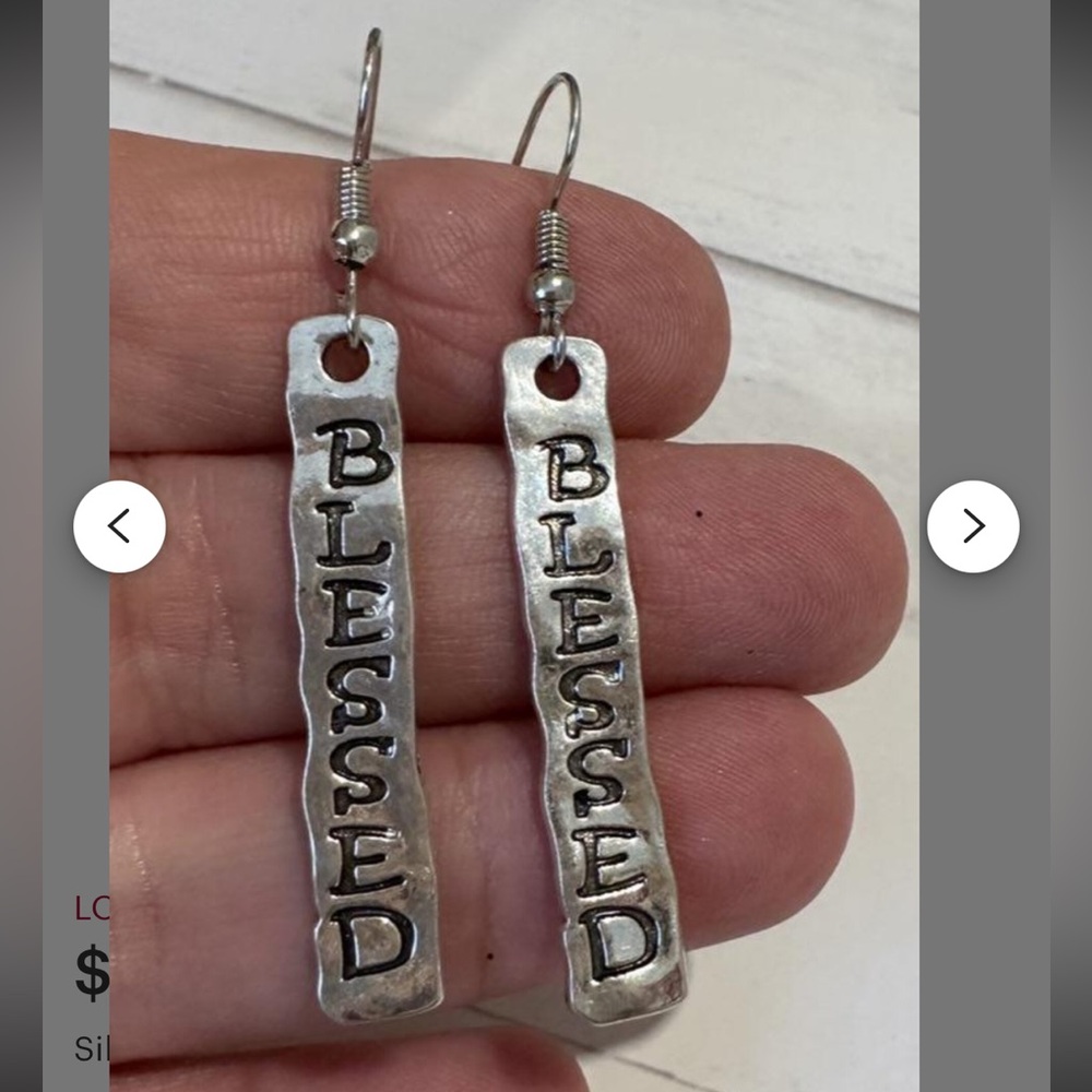 Silver 'Blessed' Dangle Earrings NWOT